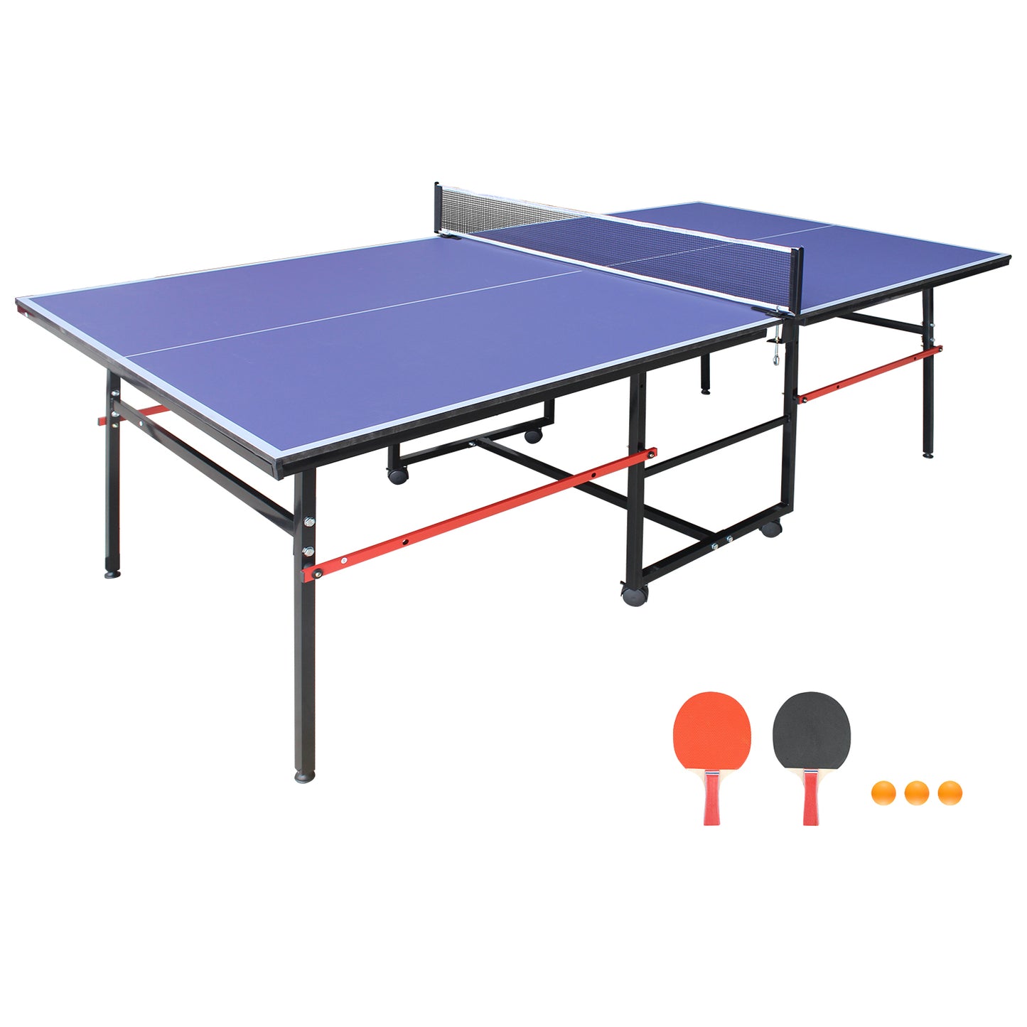 8ft Blue Mid-Size Table Tennis Table Foldable & Portable Ping Pong Table Set for Indoor Games with Net, 2 Table Tennis Paddles and 3 Balls