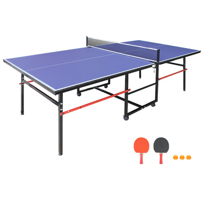8ft Blue Mid-Size Table Tennis Table Foldable & Portable Ping Pong Table Set for Indoor Games with Net, 2 Table Tennis Paddles and 3 Balls