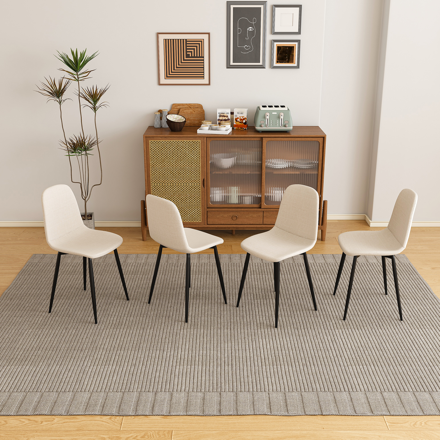 Modern Knit Fabric Dining Chairs with Iron Legs - Restaurant Seating, Comfortable Upholstered Armless Side Chair for Kitchen, Beige(Set of 4)