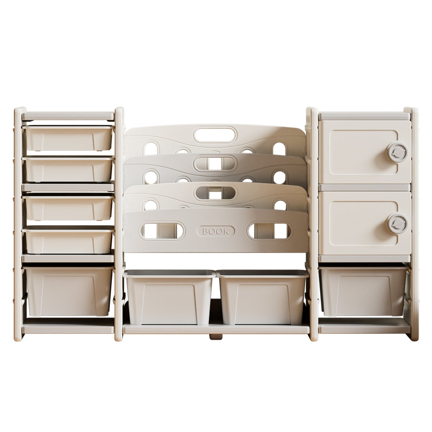 Kids Toy Storage Organizer with 8 Removable Toy Bins, 4-Tier Bookshelf, and 2 Cabinet Storage in Grey and Ivory Polyethylene