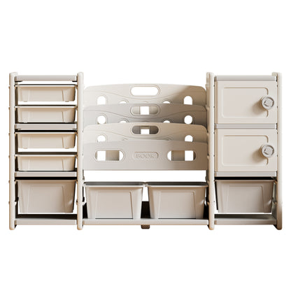Kids Toy Storage Organizer with 8 Removable Toy Bins, 4-Tier Bookshelf, and 2 Cabinet Storage in Grey and Ivory Polyethylene