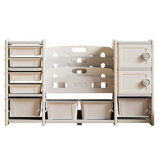 Kids Toy Storage Organizer with 8 Removable Toy Bins, 4-Tier Bookshelf, and 2 Cabinet Storage in Grey and Ivory Polyethylene