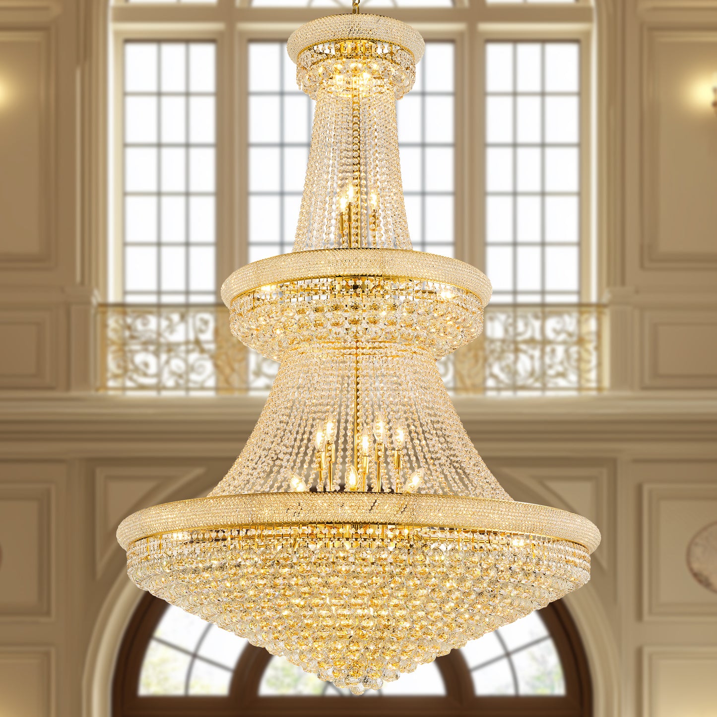 Grand Gold Crystal Chandelier, 48-Inch 3-Tier Empire Style with 42 E12 Bulbs, 680 Crystal Balls, Adjustable 79-Inch Chain, Ideal for Luxury Foyers and Staircases