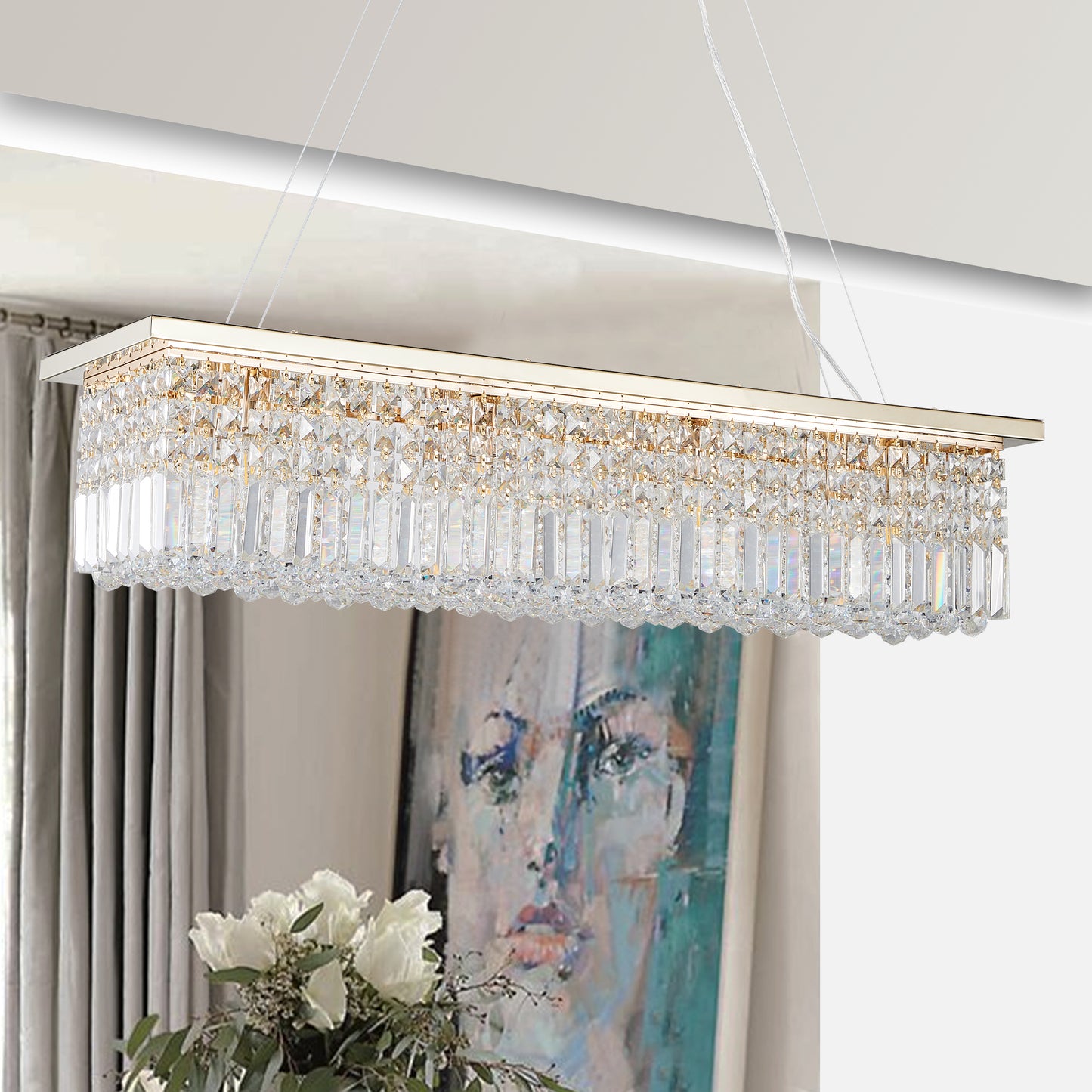 Modern Crystal Chandelier for Dining Room 8-Light Gold Rectangle Raindrop Chandelier Contemporary Rectangular Pendant Light Fixture for Kitchen Island Bar L39.4'' x W9.8'' x H8.7'(Bulb Not Included)