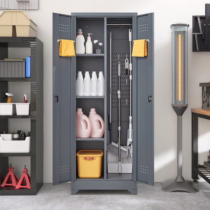 Broom Storage Cabinet With Locking Doors And Shelves, 65' H Metal Storage Cabinet With Hanging Rod & S-Hooks, Cleaning Tool Storage Cabinet Grey