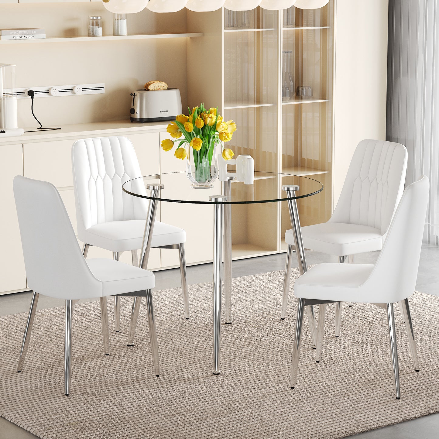 Table and chair set.36 Inch Diameter Modern Luxury Glass Dining Table and Chair Set - Silver Metal Legs.Paired With 4 White Chairs With PU Cushions And Silver Metal Legs.