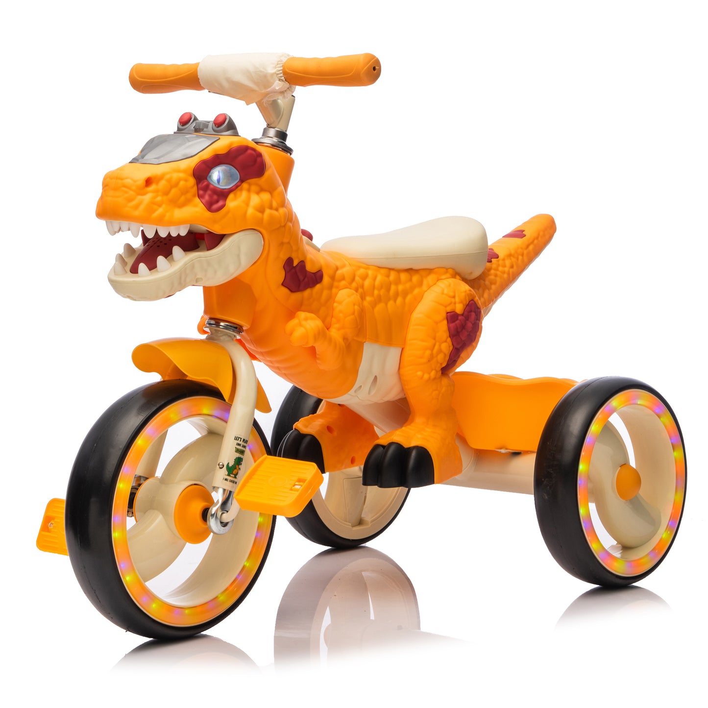 Kids Ride On Dinosaur Tricycle, Three-Wheel Stable Structure, Wider & Flash Wheels, Anti-slip Pedals & Handles, Rearward Storage Basket, Music, Lights, Cycling Training on Tricycles For Kids Aged 3-6.