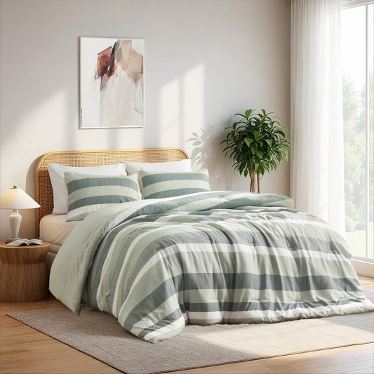 3-Piece Full/Queen Stripe Textured Print Comforter Set,Sage