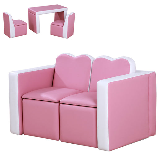 Qaba Kids Sofa Set 2-in-1 Multi-Functional Toddler Table Chair Set 2 Seat Couch Storage Box Soft Sturdy Pink
