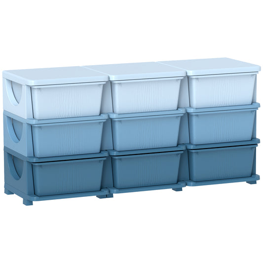 Qaba 3 Tier Kids Storage Unit, 9 Drawer Chest Toy Organizer Plastic Bins for Kids Bedroom Nursery Kindergarten Living Room for Boys Girls Toddlers, Blue
