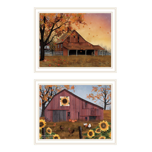 Trendy Decor 4U 2- Piece Vignette Apple Picking time, Sunflower Quilt Barn White Framed Wall Art for Living Room, Bedroom Wall Art Print for Home Decor by Billy Jacobs
