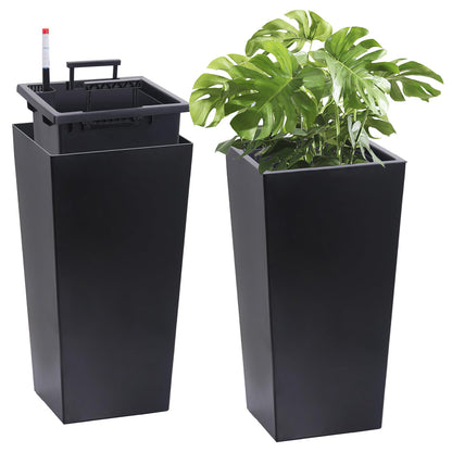 22'Tall Planter Set of 2, Outdoor＆Indoor Black Planter Pots, High Front Porch Planter Pots with Drainage Holes＆Water Level Monitor＆Inner Bucket, Automatic Watering, Black
