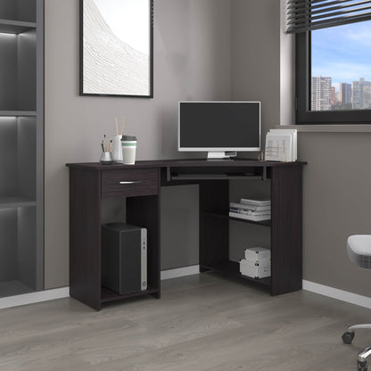 Jasper Corner Desk, Space-Saving L-Shaped Design With Two Side Shelves, Black and Dark Walnut