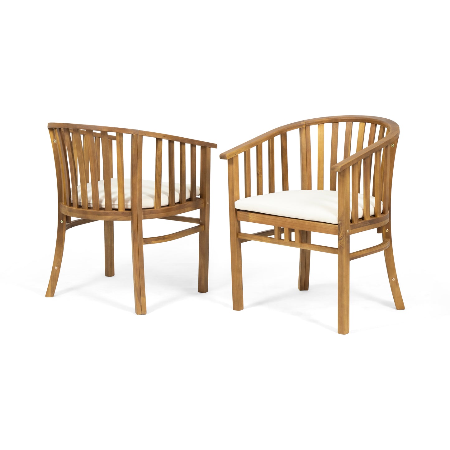 Outdoor Wooden Dining Chairs With Cushions, Cream, Teak Finish, Acacia Wood Frame, Set of 2