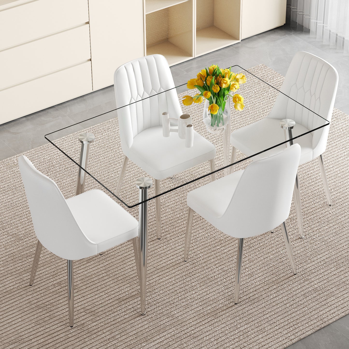 Table and chair set.Modern Luxurious Rectangular Tempered Glass Dining Table Set.Paired with 4 White Chairs With PU Cushions And Silver Metal Legs.