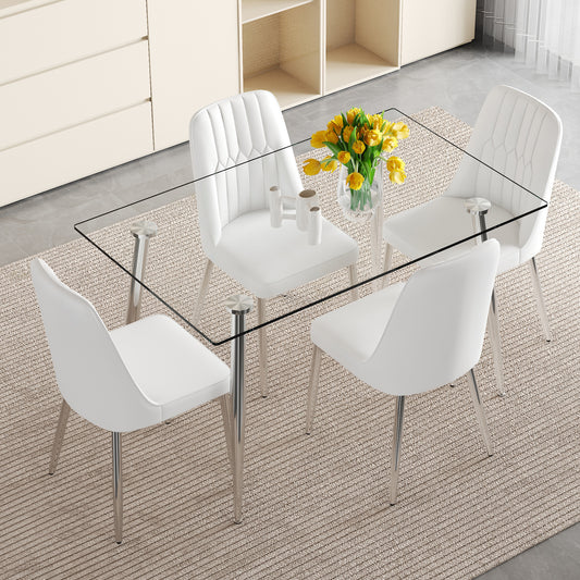 Table and chair set.Modern Luxurious Rectangular Tempered Glass Dining Table Set.Paired with 4 White Chairs With PU Cushions And Silver Metal Legs.
