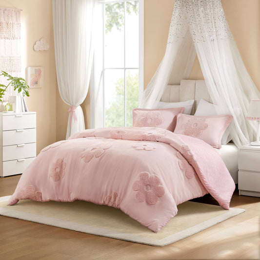3-Piece Full/Queen Floral Reversible Tufted Chenille Duvet Cover Set,Pink