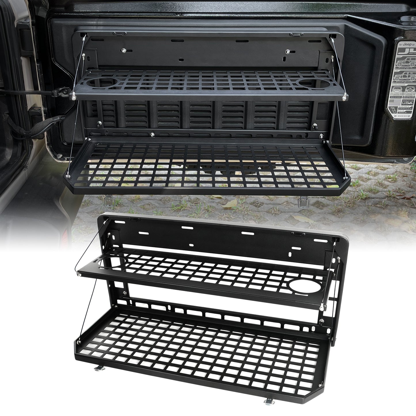 2-Tier Tailgate Table Rear Foldable Storage Cargo Rack Outdoor Camping Desk for 2007-2022 Jeep Wrangler JK&JL 4 Door (Not Fit JK Models with Stock Subwoofer)