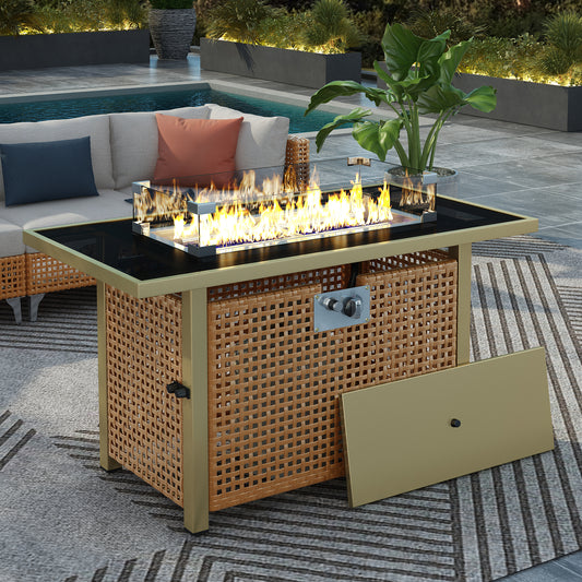 K&K 43' Propane Gas Fire Pit Table, 60000 BTU Rectangular Open Weave Wicker Fire Pit with Glass Wind Guard for Outside Patio Deck Garden Backyard - Orange & Mustard Yellow