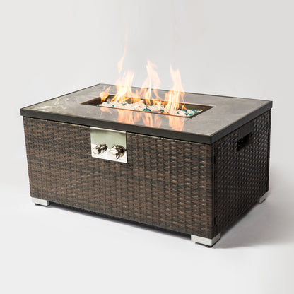 32' Propane Gas Fire Pit Table, 50000 BTU Rectangular Fire Pit, Tile Tabletop with Beautiful Wicker Base for Outside Patio Deck Garden Courtyard-Brown