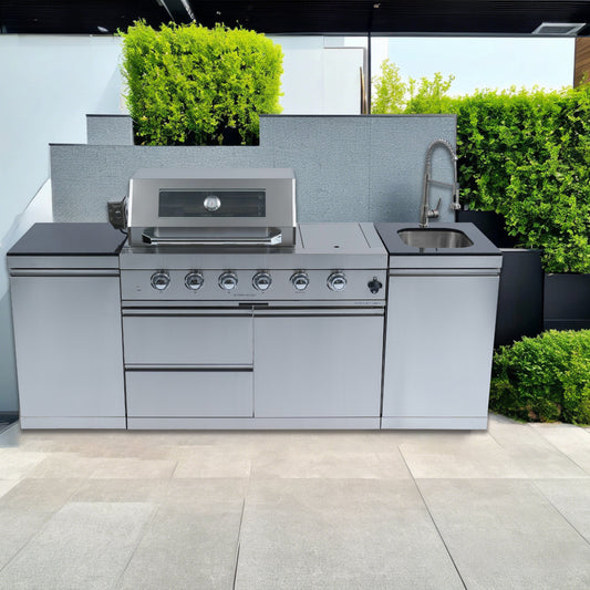 46-Inch 4-Burner 85000 BTU Deluxe Stainless Steel Gas Outdoor Kitchen Bar Barbecue Island Grill +Side B Rotisserie + Granite Countertops + Storage Cabinets & Drawers + Stainless Steel Sink/Faucet