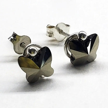 8mm Crystal Butterfly Silver Spiral Stud Earrings