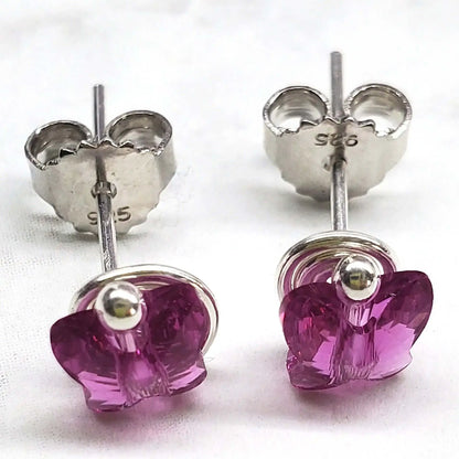 8mm Crystal Butterfly Silver Spiral Stud Earrings