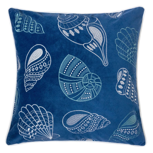 Indigo Blue Spa Seashells Pillow Cover with Polyester Velvet Fabric and Matching Back, 20x20 inches