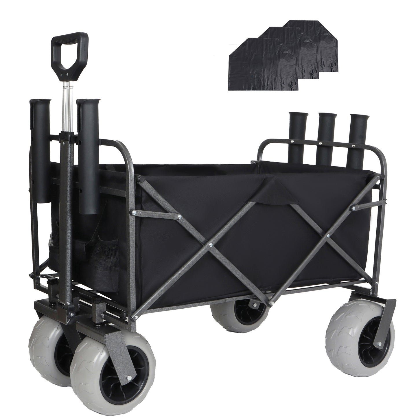 Fishing Cart with Rod Holders,Beach Wagon with Big Wheels for Sand 500lbs Capacity - All Terrain Steel Frame Utility Cart with 9' Pneumatic Tires,Strap with multiuse Bag,Black