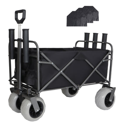 Fishing Cart with Rod Holders,Beach Wagon with Big Wheels for Sand 500lbs Capacity - All Terrain Steel Frame Utility Cart with 9' Pneumatic Tires,Strap with multiuse Bag,Black
