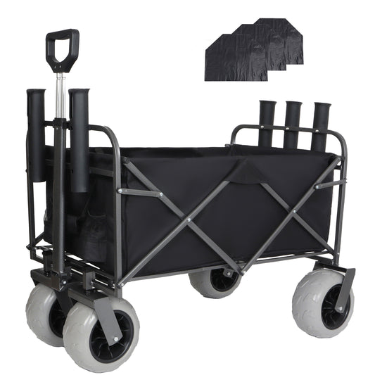 Fishing Cart with Rod Holders,Beach Wagon with Big Wheels for Sand 500lbs Capacity - All Terrain Steel Frame Utility Cart with 9' Pneumatic Tires,Strap with multiuse Bag,Black