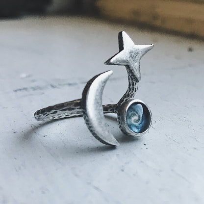 Stars and Moon Orbiting Galaxy Space Ring