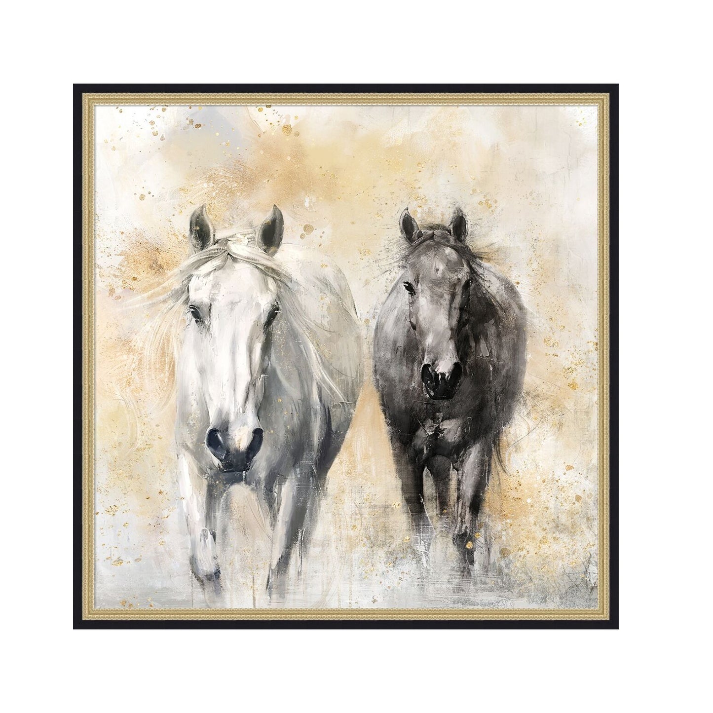 39.4x39.4' Realistic Hand-Painted White and Black Horse Canvas Art with Beige Backdrop
