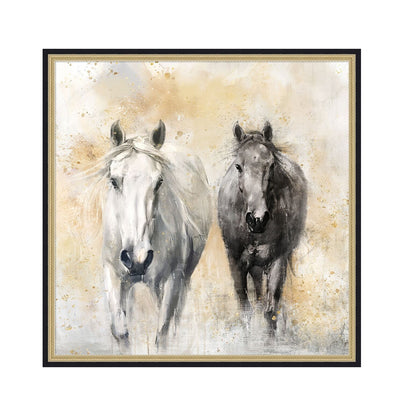 39.4x39.4' Realistic Hand-Painted White and Black Horse Canvas Art with Beige Backdrop