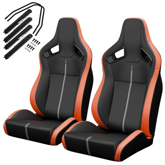 2PC New Universal Bucket Racing Seats Red Stitch Red PVC Leather Reclinable Carbon Look Leather Back With Adjustor Slider(Not Including Seat Bracket ) 1 box of 2 pieces