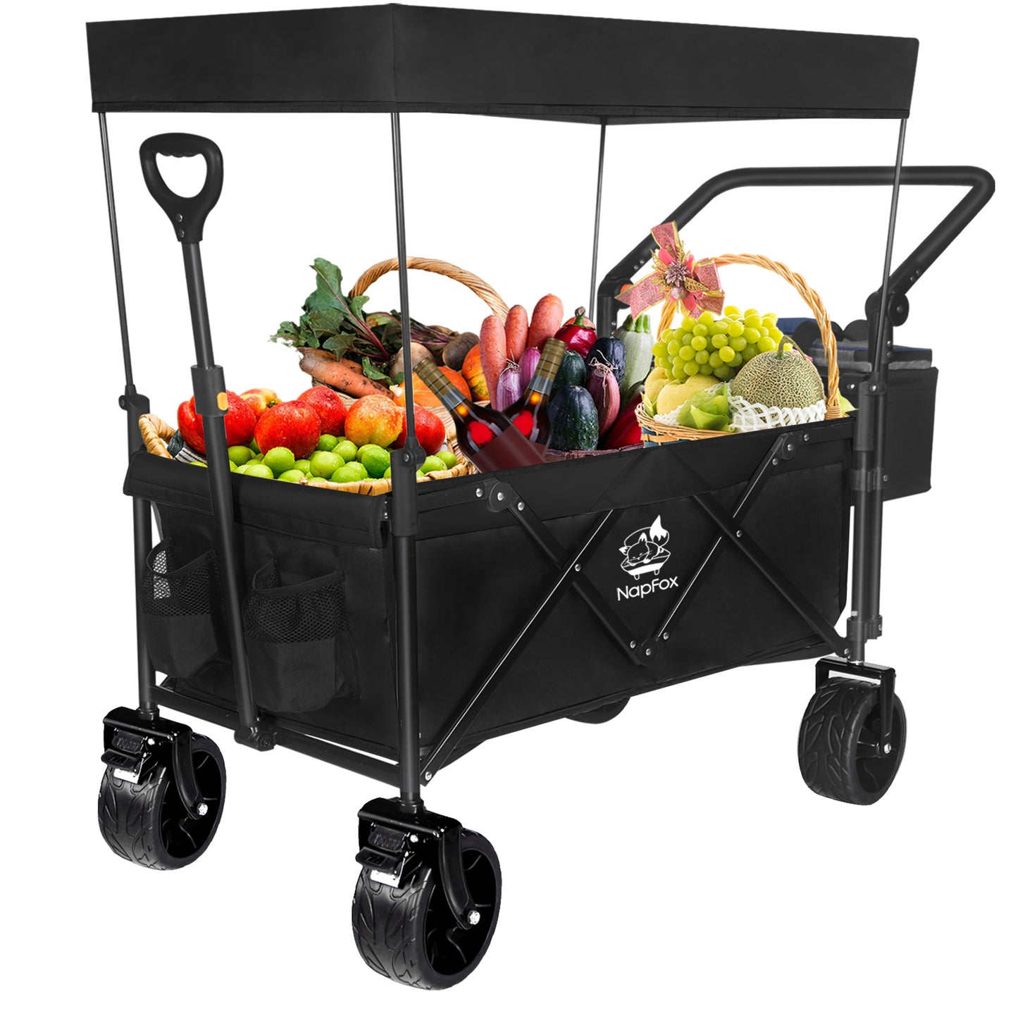 Collapsible Wagon 140L Wagons Carts Foldable with Removable Canopy, Folding Wagon Cart with Wheels for All-Terrain with Brake, Foldable Wagon with Cooler Bag, for Camping Beach Shopping