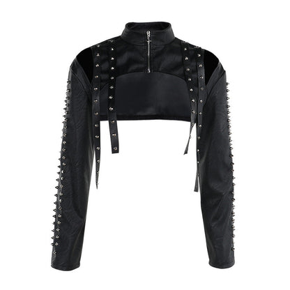 Women's Black Leather Cropped Jacket Spiked Cutout BYMANYC ® New York CONTEMPORARY EDGY MODERN OUTERWEAR - New Collection
