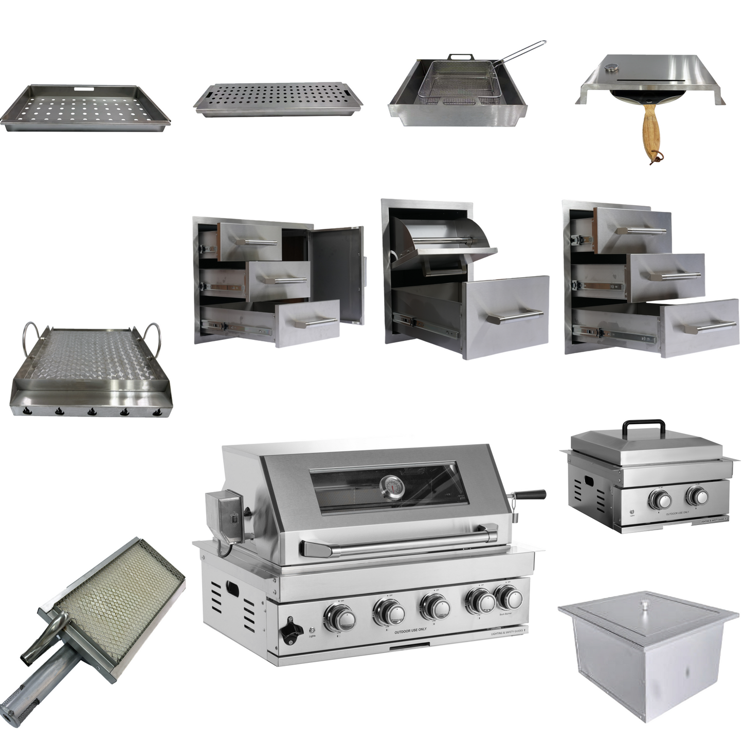 Built-in Outdoor Kitchen 32 inch LPG Gas Grill 60000 BTU Stainless Steel Four burners Grill with Infrared Rear Bunrer and Door and Drawer Combo and Drop in Stainless Steel ICE BOX with BBQ Tool Set