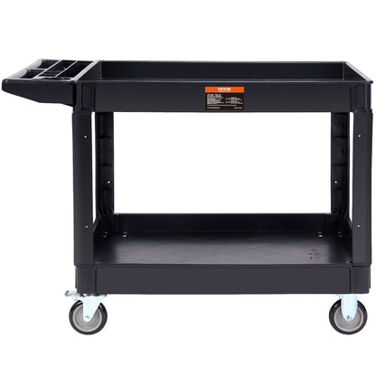 Utility Service Cart, 2 Shelf 550LBS Heavy Duty Plastic Rolling Utility Cart with 360° Swivel Wheels (2 with Brakes), Large Lipped Shelf, Ergonomic Storage Handle for Warehouse/Garage/Cleaning