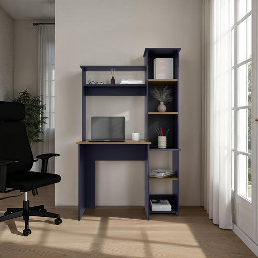 Desk 64' H, 7 Shelves, Alby Blue / Natural Oak - Home Office