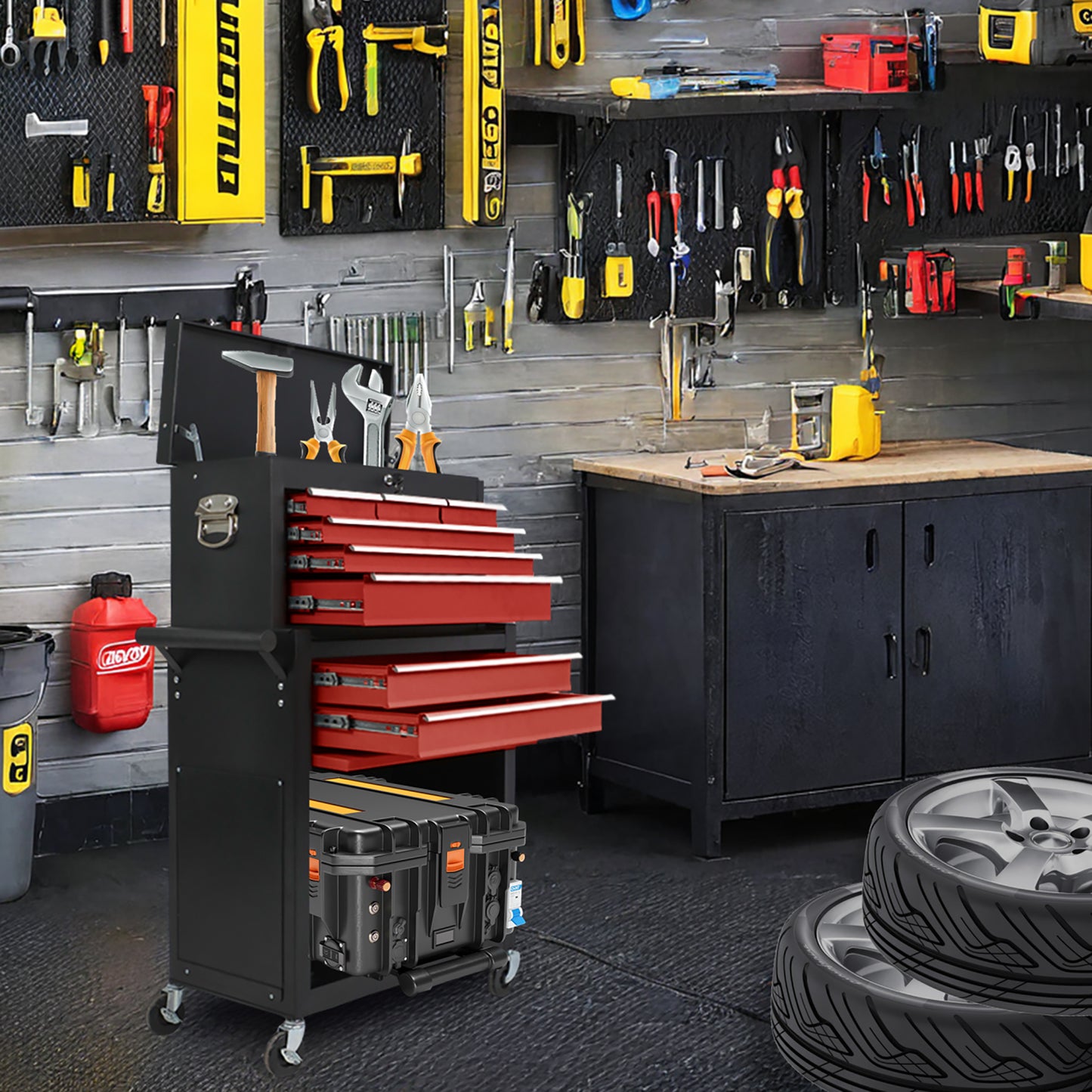 eight-drawer large capacity rolling toolbox, detachable cabinet storage toolbox with wheels and drawers, detachable toolbox with lock for workshop mechanical garage BLACK+RED
