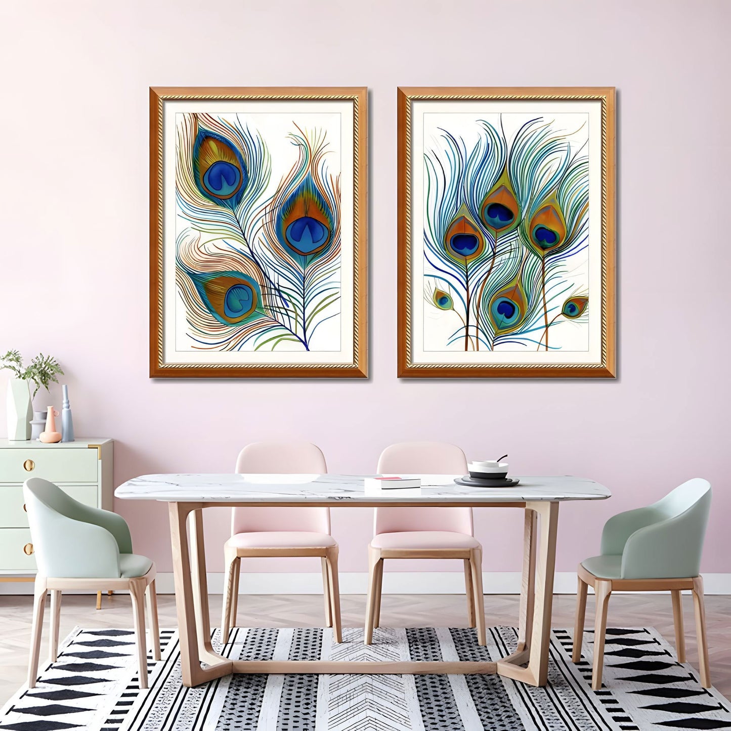 Set of 2 Peacock Feather Framed Wall Art – Replaceable Canvas Prints with Solid Wood Picture Frames, Elegant Botanical Wall Decor for Dining Room and Living Room 24x32 inches