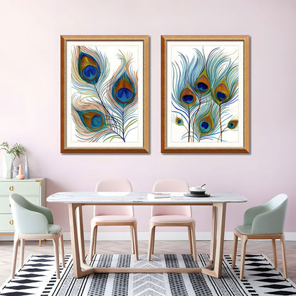 Set of 2 Peacock Feather Framed Wall Art – Replaceable Canvas Prints with Solid Wood Picture Frames, Elegant Botanical Wall Decor for Dining Room and Living Room 24x32 inches
