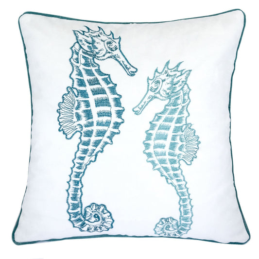 Blue Spa Seahorses Pillow Cover with Matching Back in Light Blue Polyester Velvet, 20x20 Inches