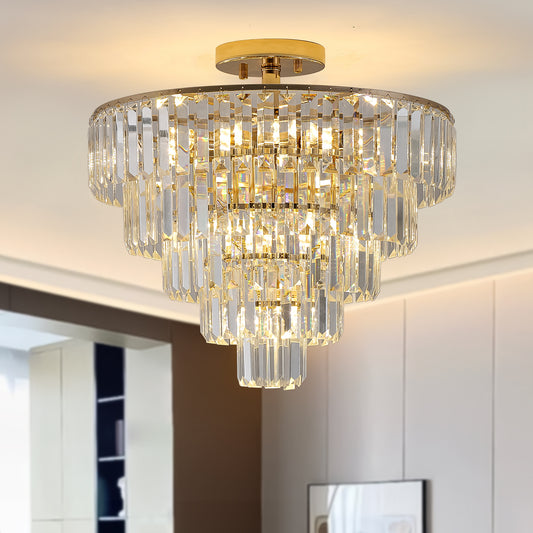 Gold Crystal Chandeliers,5-Tier Round Semi Flush Mount Chandelier Light Fixture,Large Contemporary Luxury Ceiling Lighting for Living Room Dining Room Bedroom Hallway