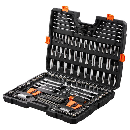 Mechanics Tool Set and Socket Set, 1/4' 3/8' 1/2' Drive Deep and Standard Sockets, 205 Pcs SAE and Metric Mechanic Tool Kit with Bits, Combination Wrench, Hex Wrenches, Accessories, Storage Case