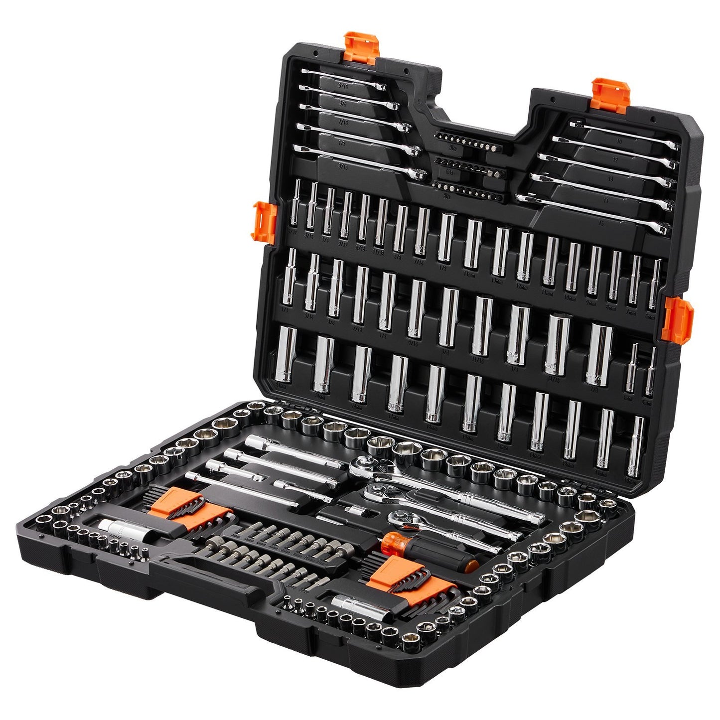 Mechanics Tool Set and Socket Set, 1/4' 3/8' 1/2' Drive Deep and Standard Sockets, 205 Pcs SAE and Metric Mechanic Tool Kit with Bits, Combination Wrench, Hex Wrenches, Accessories, Storage Case