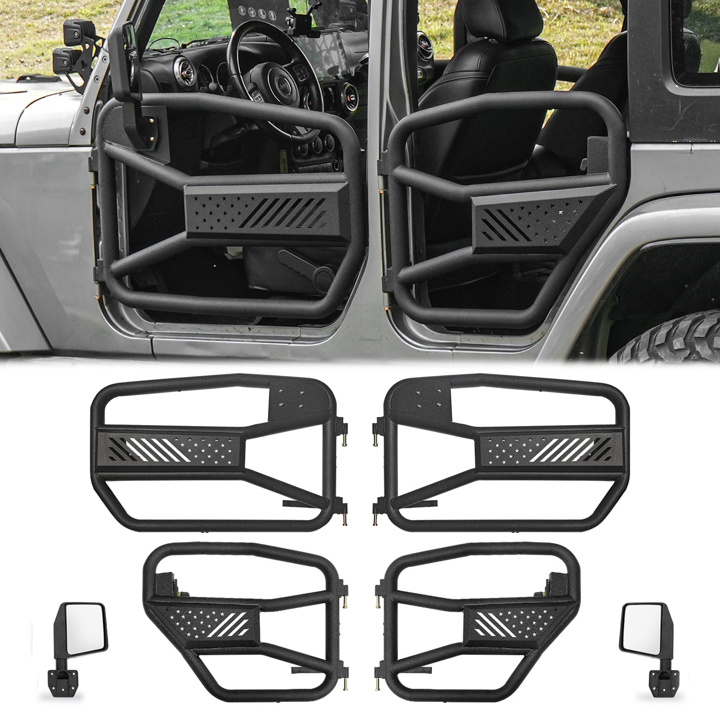 20392 Tubular Doors with Mirror for 2007-2018 Jeep Wrangler JK 4 Door US Flag Style