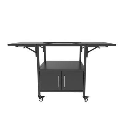 Outdoor Grill Table for Big Green Egg Style BBQ, Metal Grill Cart with 2 Folding Panels, Black Metal, 59.3 x 27.6 x 31 Inches