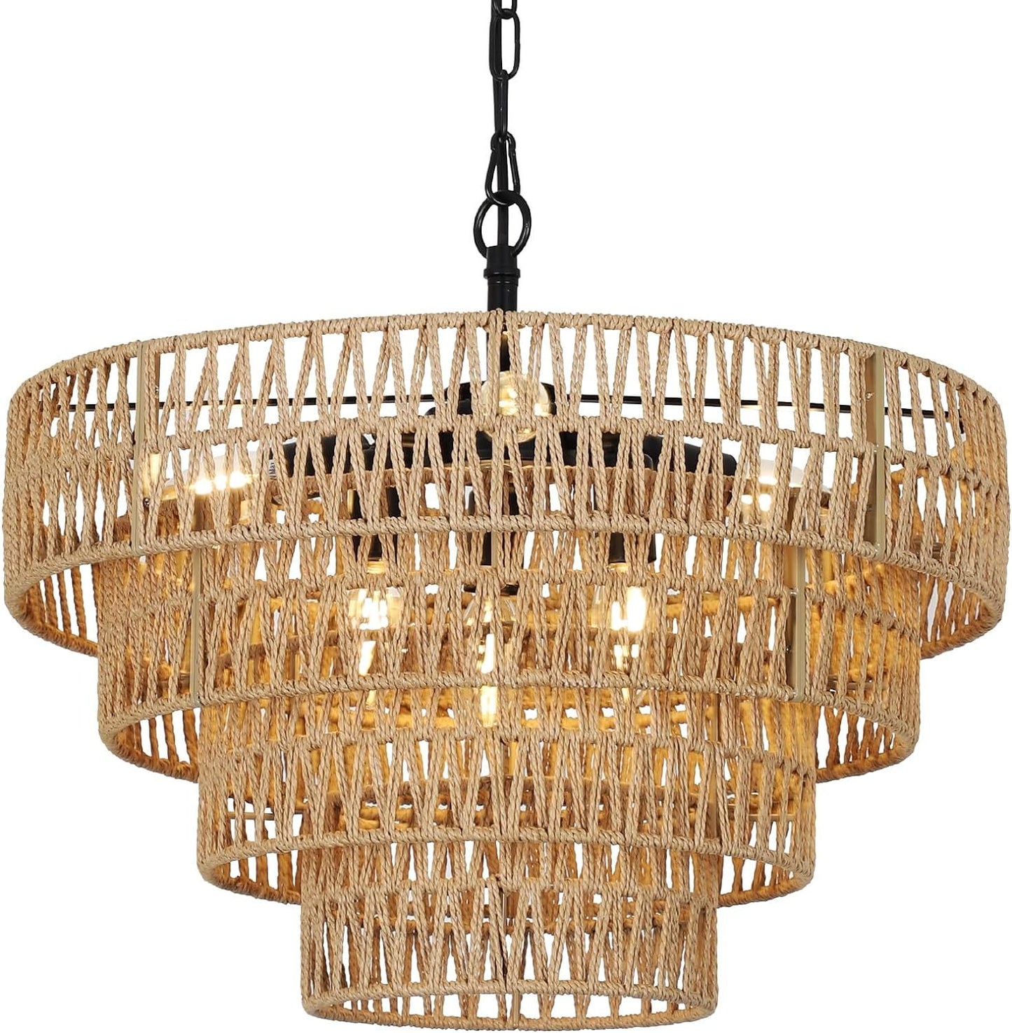 Boho Rattan Chandelier, 6-Light Dining Room Light Fixture, Wicker Pendant Lighting with 4-Tier Woven Lampshade, Large Farmhouse Chandeliers for Dining Room Bedroom Kitchen Living Room(20')